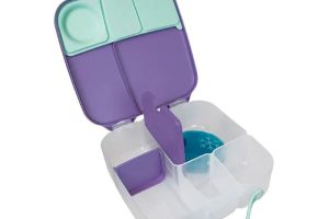 Fiambrera almuerzo 5 compartimentos violeta y verde con gel refrigerante abierto